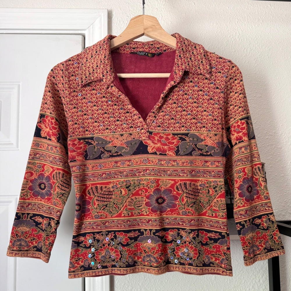 CHAUDRY vintage burgundy orange cotton floral chunky knit polo cropped shirt top